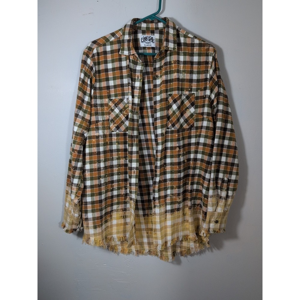 One24 Rags Brown Flannel Frayed Edge  Distressed Bleach Look Shirt Women's XL‎